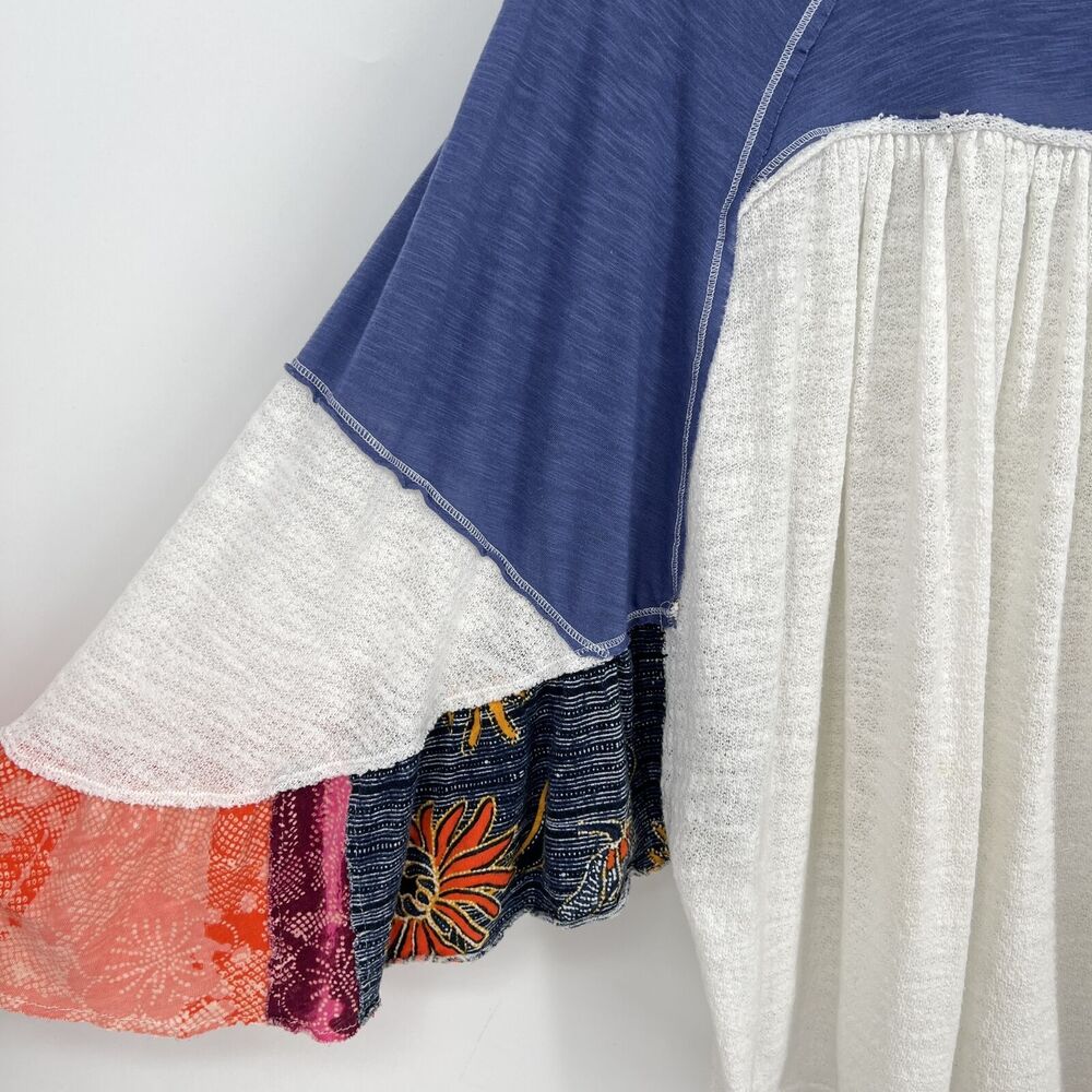 Free People Friday Fever Blouse Top Batwing Boho Patchwork Batik Trim Blue M - Picture 2 of 8